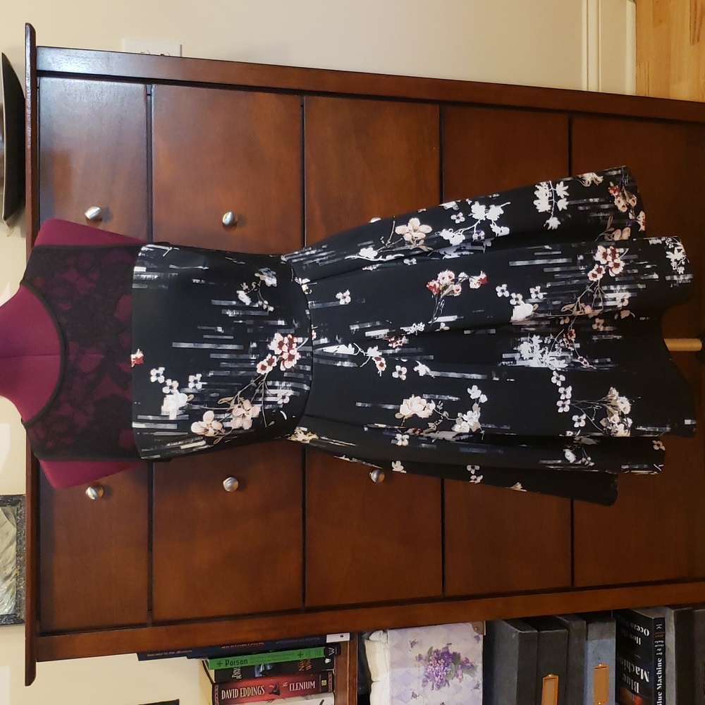 WHBM Fit & Flare Black Floral Lace Illusion Evening Dress w/Pockets! Size 2